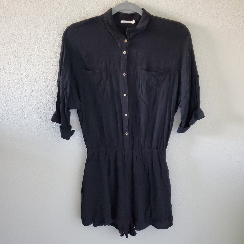 Lush black tencel blend smocked romper